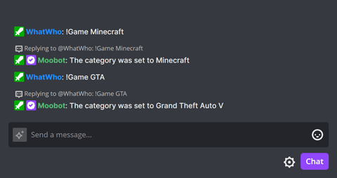 The !Game chat command in Twitch chat The !Game chat command in Twitch chat