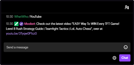The !YouTube command's response in Twitch chat The !YouTube command's response in Twitch chat