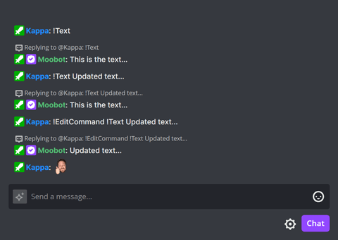 The !EditCommand chat command in Twitch chat