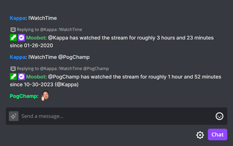 The !WatchTime chat command in Twitch chat