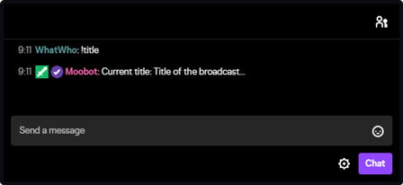 The Twitch current stream title response tag in Twitch chat