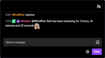 The stream uptime response tag in Twitch chat