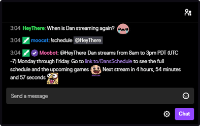 Example use of a !schedule chat command