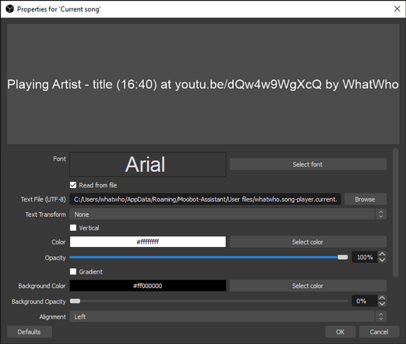 OBS text source with location set