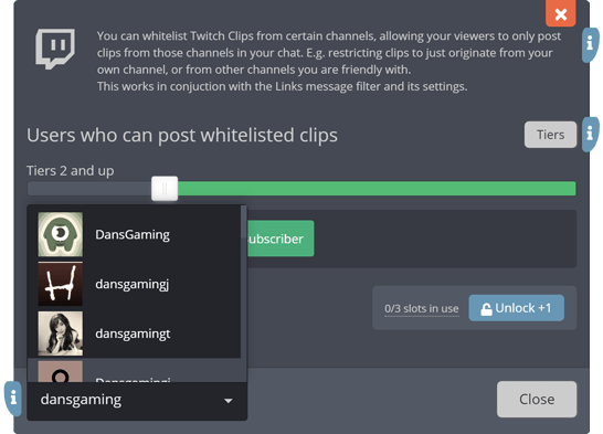 The whitelisted clips menu
