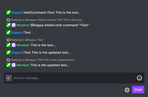 The !AddCommand chat command in Twitch chat