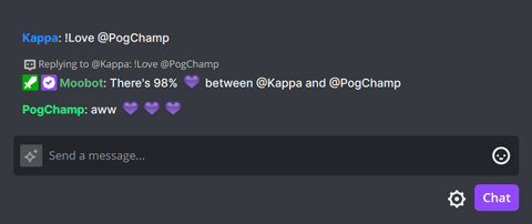 The !Love chat command in Twitch chat