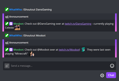 The !Shoutout chat command in Twitch chat