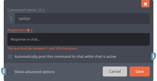 The custom command edit-menu, creating the chat command
