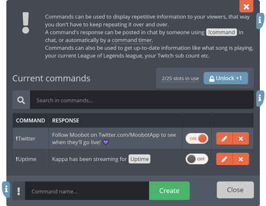 The custom commands menu