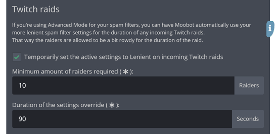The Twitch raids section of the general settings menu