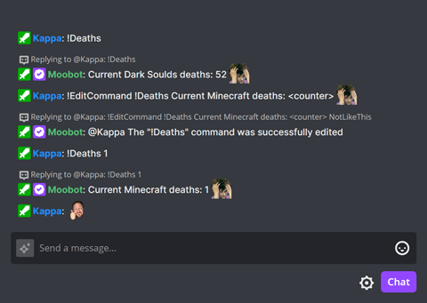 The !EditCommand chat command in Twitch chat, successfully editing a command containing special tags