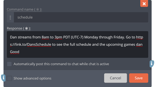Example of a !Schedule chat command