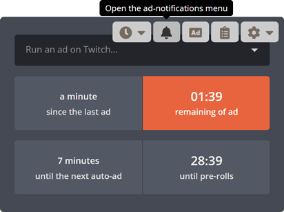 The Twitch ads widget, opening the ad-notifications menu