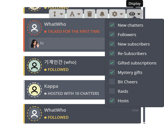 The notification log widget's menu The notification log widget's menu