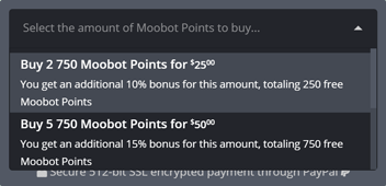 Selecting the amount of Moobot Points to buy, with drop-down options