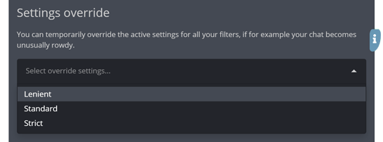 The settings override section of the message filters menu