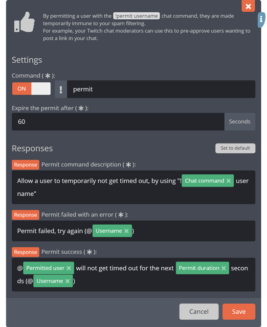 The !Permit chat command menu