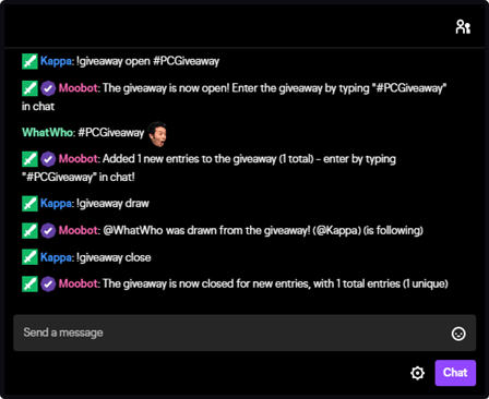 The !Giveaway chat command used in Twitch chat