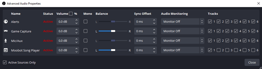 Settings the tracks of your OBS audio sources