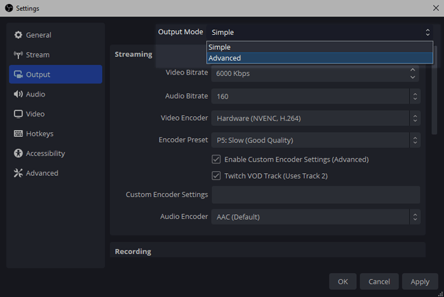 Viewing the advanced output settings of OBS