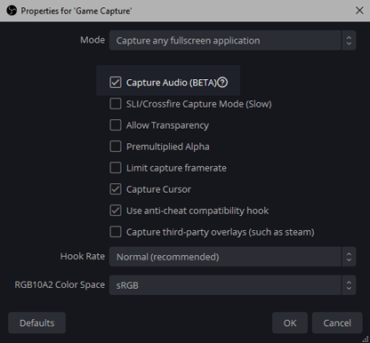 Capturing audio from an OBS Game Capture source