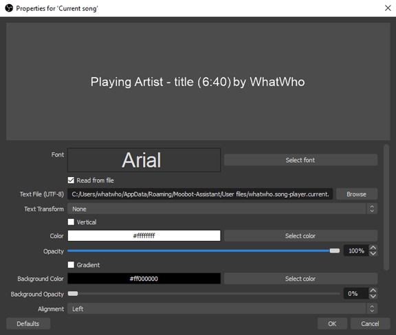 OBS text source with location set