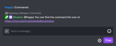 The !Commands chat command in Twitch chat
