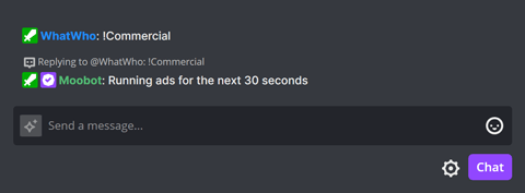 The !Commercial chat command in Twitch chat