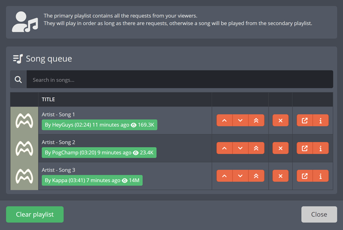 The Song Requests primary playlist containing all viewer requests