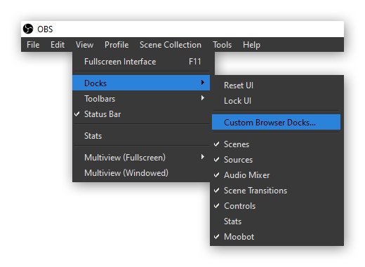 Moobot dashboard docked inside OBS, step 1