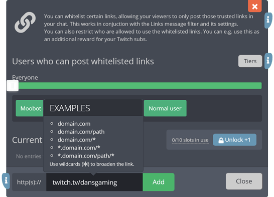 The whitelisted links menu