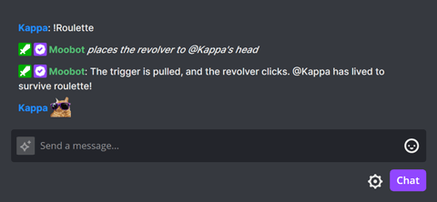 The !Roulette chat command in Twitch chat when the user survives