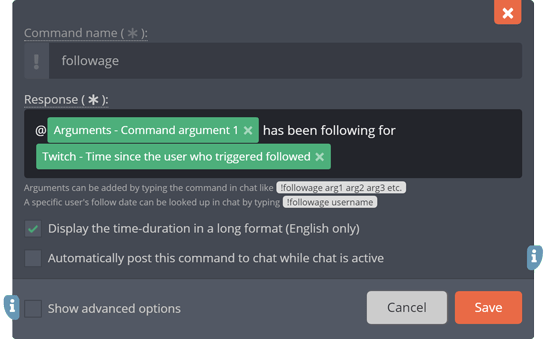 The !Followage command's edit-menu