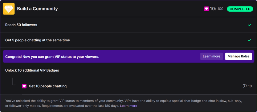 Twitch's Build a Community achievement