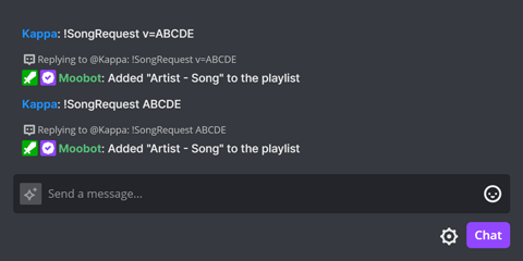 !SongRequest chat command with video ID in Twitch chat