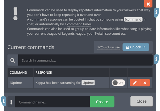 The custom commands menu