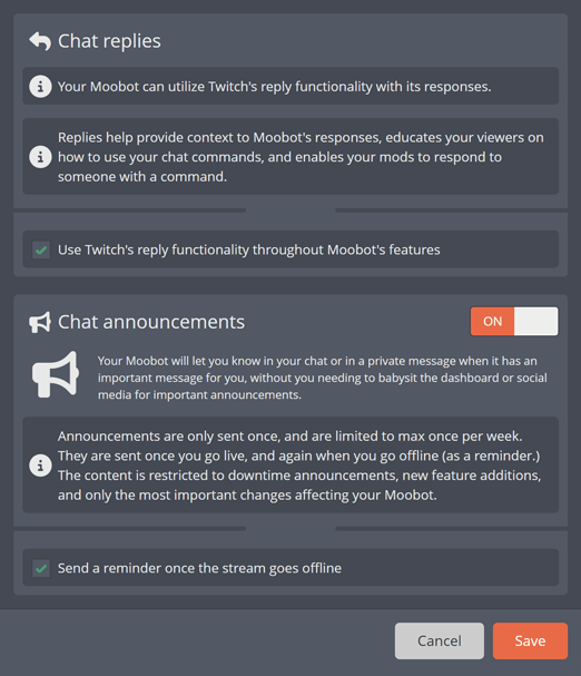 Viewing the channel settings for your Moobot