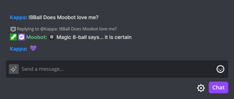 The !8ball chat command in Twitch chat The !8ball chat command in Twitch chat