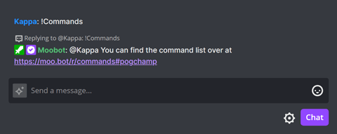 The !Commands chat command in Twitch chat The !Commands chat command in Twitch chat