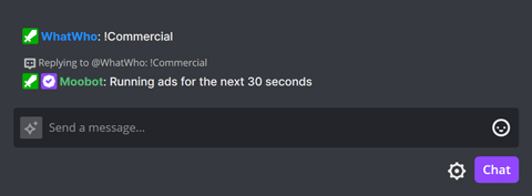 The !Commercial chat command in Twitch chat The !Commercial chat command in Twitch chat