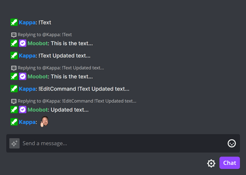 The !EditCommand chat command in Twitch chat The !EditCommand chat command in Twitch chat