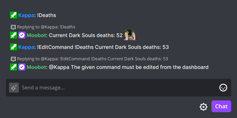 The !EditCommand chat command in Twitch chat, failing to edit a command containing special tags The !EditCommand chat command in Twitch chat, failing to edit a command containing special tags