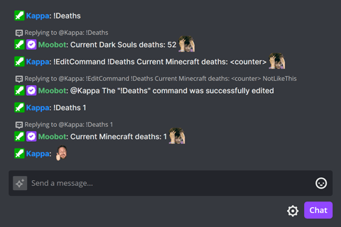 The !EditCommand chat command in Twitch chat, successfully editing a command containing special tags The !EditCommand chat command in Twitch chat, successfully editing a command containing special tags