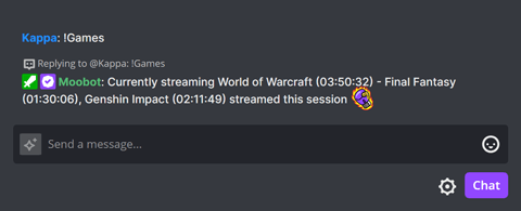 The !Games chat command in Twitch chat when online The !Games chat command in Twitch chat when online
