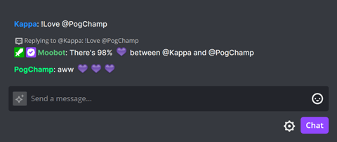 The !Love chat command in Twitch chat The !Love chat command in Twitch chat