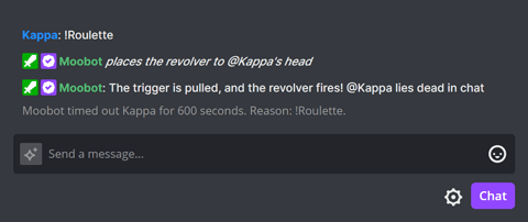 The !Roulette chat command in Twitch chat when the user dies The !Roulette chat command in Twitch chat when the user dies