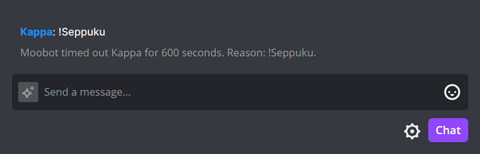 The !Seppuku chat command in Twitch chat The !Seppuku chat command in Twitch chat