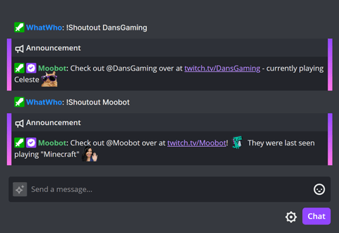 The !Shoutout chat command in Twitch chat The !Shoutout chat command in Twitch chat