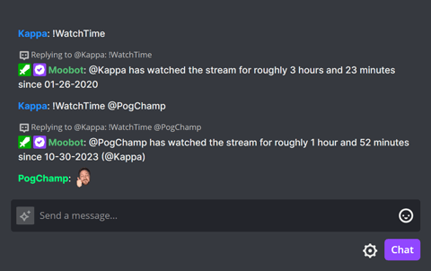 The !WatchTime chat command in Twitch chat The !WatchTime chat command in Twitch chat